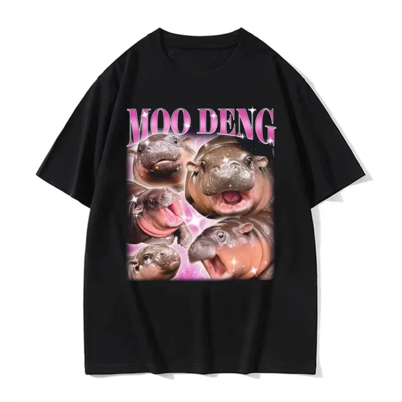 Cute Moo Deng Baby Hippo Meme T-Shirt for Women - Vintage Streetwear