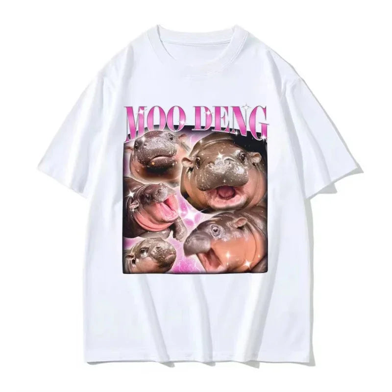 Cute Moo Deng Baby Hippo Meme T-Shirt for Women - Vintage Streetwear