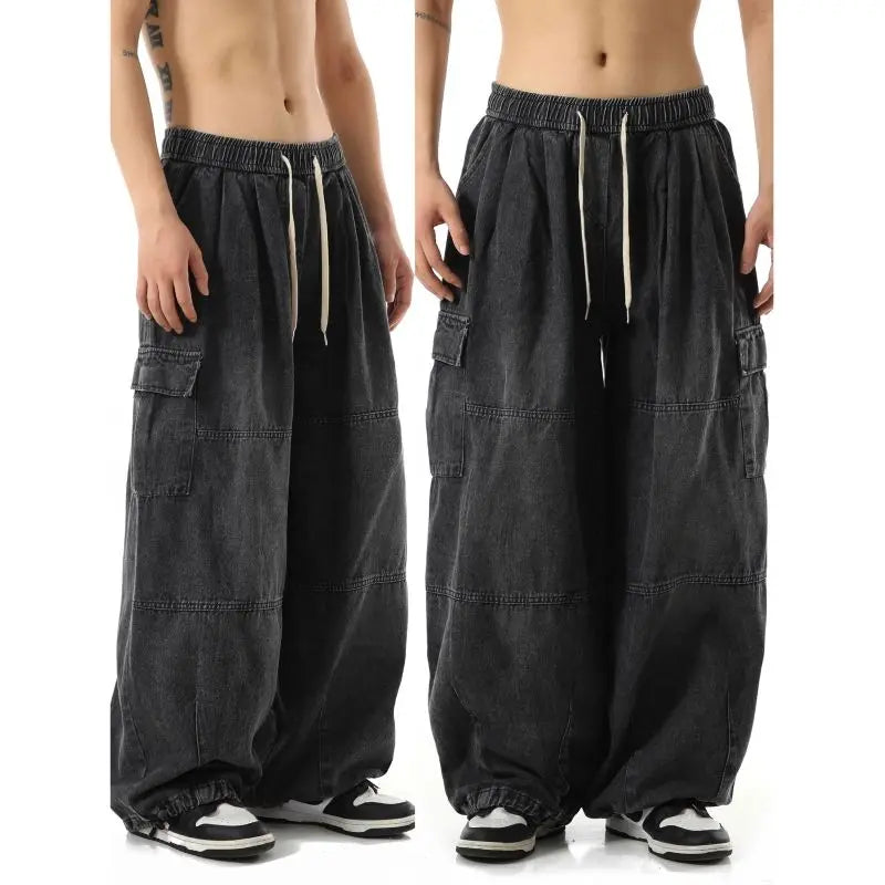 Y2K Black Cargo Joggers: Men's Casual Vintage Denim Pants. Wide-leg, Oversize.