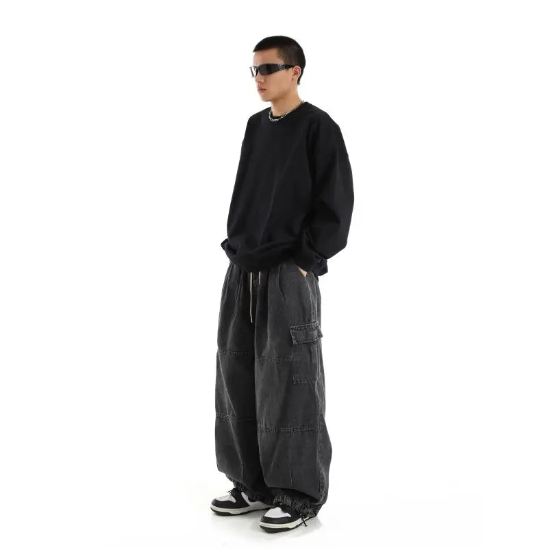 Y2K Black Cargo Joggers: Men's Casual Vintage Denim Pants. Wide-leg, Oversize.