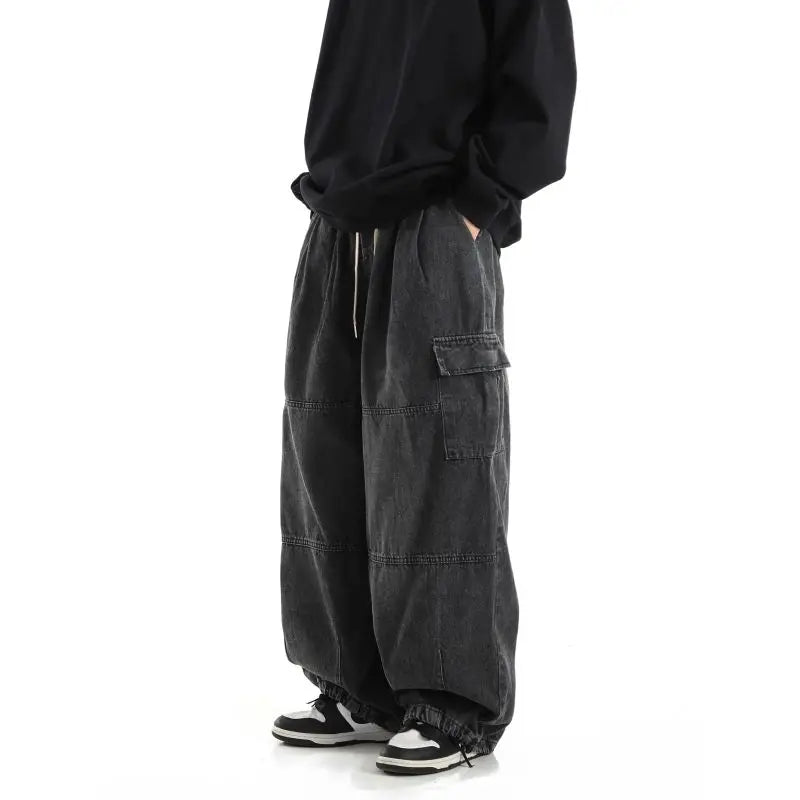 Y2K Black Cargo Joggers: Men's Casual Vintage Denim Pants. Wide-leg, Oversize.