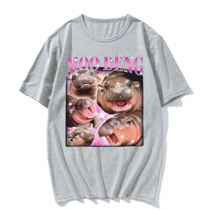Cute Moo Deng Baby Hippo Meme T-Shirt for Women - Vintage Streetwear