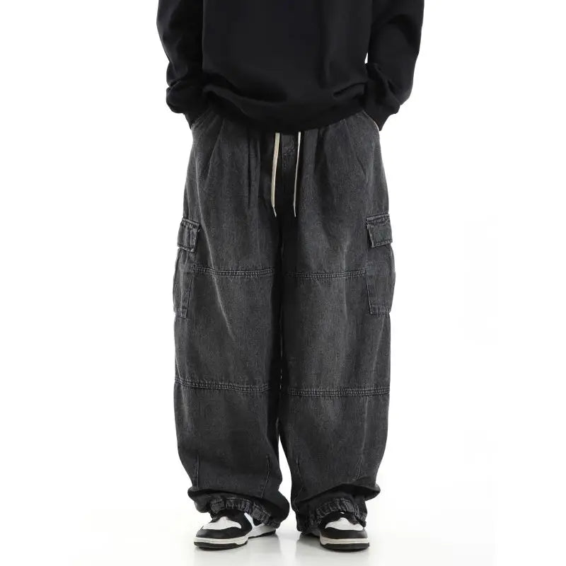 Y2K Black Cargo Joggers: Men's Casual Vintage Denim Pants. Wide-leg, Oversize.